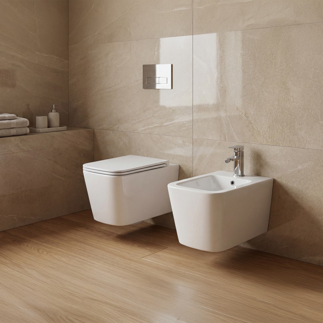 Coppia Sanitari quadrati sospesi bianco lucido wc e bidet CUBIK